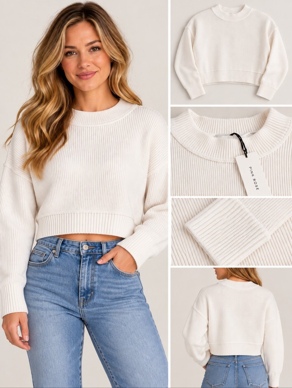 Pink Rose Cream Ribbed Cropped Crewneck Sweater